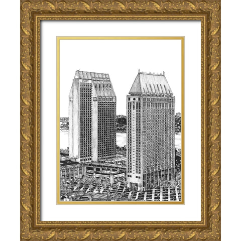 BandW Us Cityscape-San Diego Gold Ornate Wood Framed Art Print with Double Matting by Wang, Melissa