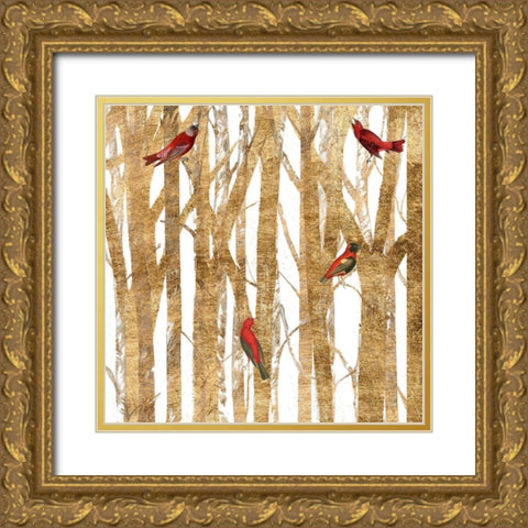 Red Bird Christmas II Gold Ornate Wood Framed Art Print with Double Matting by Studio W