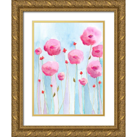 Pink Florets I Gold Ornate Wood Framed Art Print with Double Matting by Moore, Regina