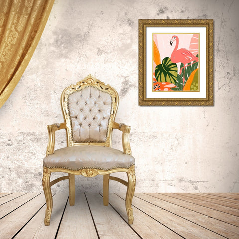 Jungle Flamingo I Gold Ornate Wood Framed Art Print with Double Matting by Vess, June Erica