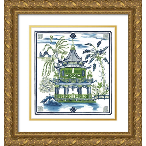 Pagoda Visit I Gold Ornate Wood Framed Art Print with Double Matting by Wang, Melissa