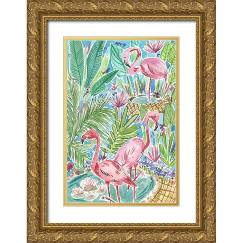 Flamingo Paradise I Gold Ornate Wood Framed Art Print with Double Matting by Wang, Melissa