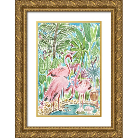 Flamingo Paradise II Gold Ornate Wood Framed Art Print with Double Matting by Wang, Melissa