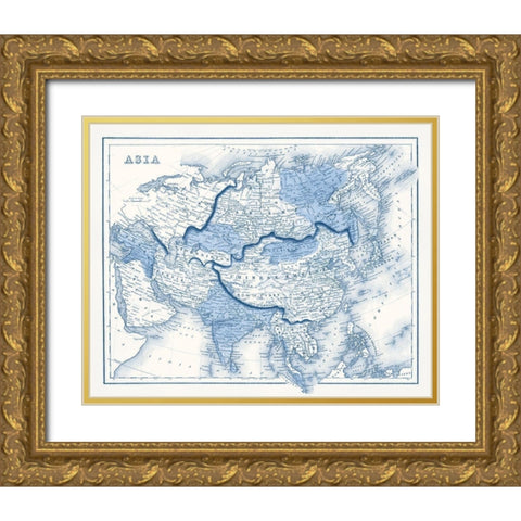 Asia in Shades of Blue Gold Ornate Wood Framed Art Print with Double Matting by Vision Studio