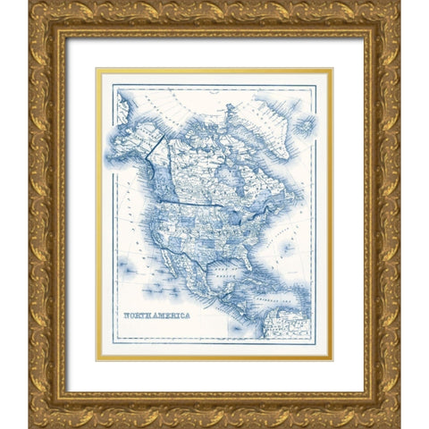 North America in Shades of Blue Gold Ornate Wood Framed Art Print with Double Matting by Vision Studio