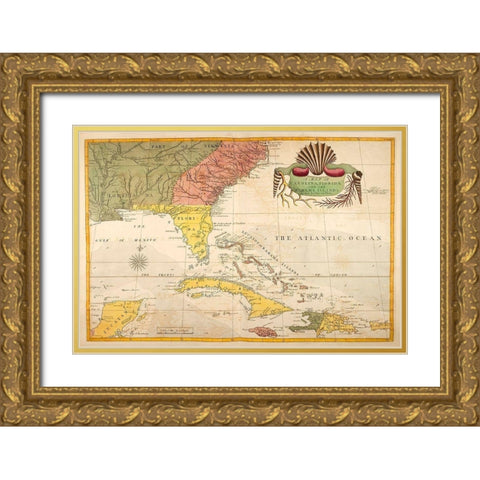 Map of Carolina, Florida and the Bahama Islands Gold Ornate Wood Framed Art Print with Double Matting by Catesby, Mark