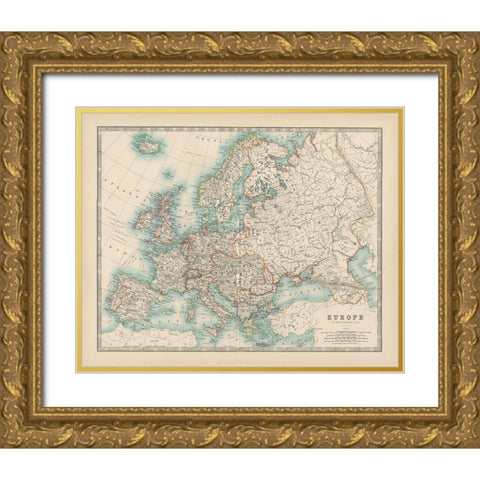 Johnstons Map of Europe Gold Ornate Wood Framed Art Print with Double Matting by Johnston