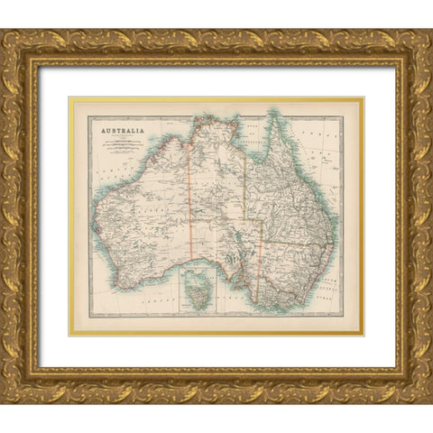 Johnstons Map of Australia Gold Ornate Wood Framed Art Print with Double Matting by Johnston