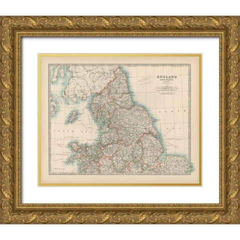Johnstons Map of England and Wales Gold Ornate Wood Framed Art Print with Double Matting by Johnston