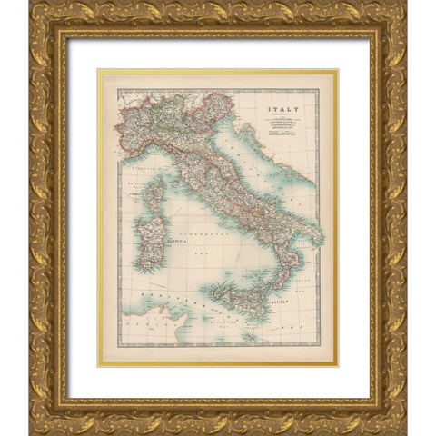 Johnstons Map of Italy Gold Ornate Wood Framed Art Print with Double Matting by Johnston