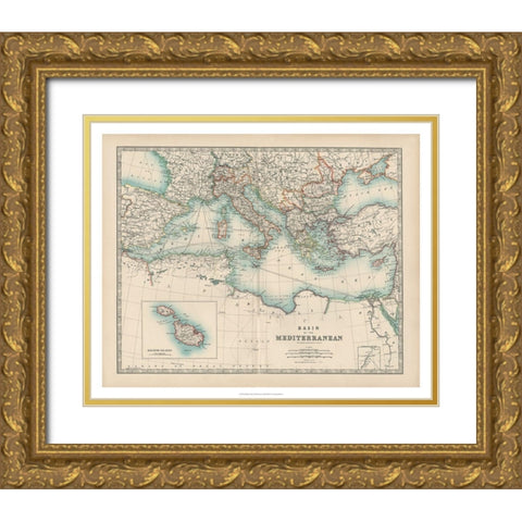 Johnstons Map of the Mediterranean Gold Ornate Wood Framed Art Print with Double Matting by Johnston