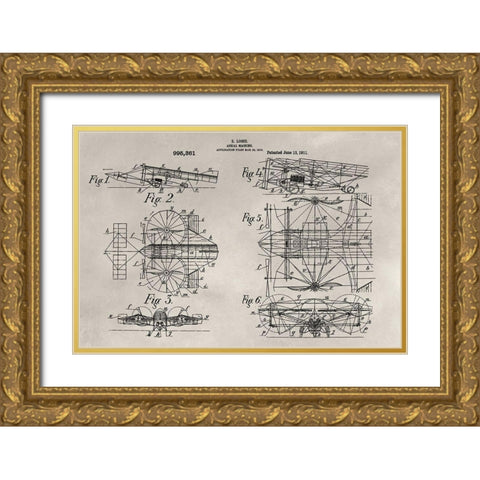 Patent--Aerial Machine Gold Ornate Wood Framed Art Print with Double Matting by Ludwig, Alicia