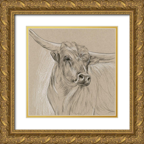 Longhorn Sketch I Gold Ornate Wood Framed Art Print with Double Matting by Wang, Melissa