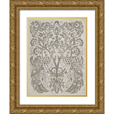 Peacock Damask I Gold Ornate Wood Framed Art Print with Double Matting by Zarris, Chariklia