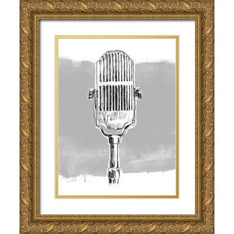 Monochrome Microphone II Gold Ornate Wood Framed Art Print with Double Matting by Vess, June Erica