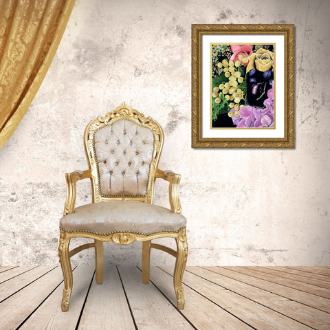 Floral on Black I Gold Ornate Wood Framed Art Print with Double Matting by Wang, Melissa