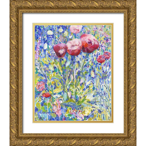 Three Poppies in Garden Gold Ornate Wood Framed Art Print with Double Matting by Grim, Tara Funk