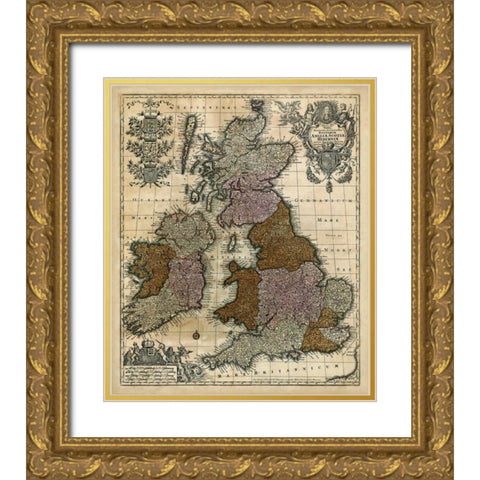 Map of England, Scotland and Ireland Gold Ornate Wood Framed Art Print with Double Matting by Unknown