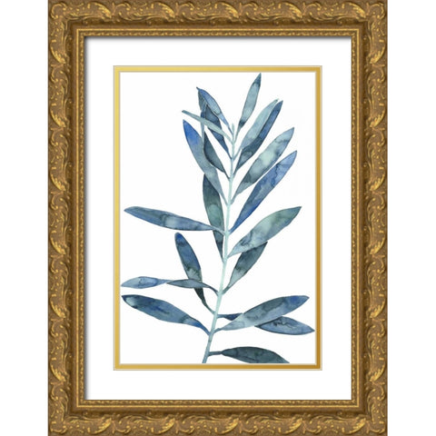 Indigo Leaves II Gold Ornate Wood Framed Art Print with Double Matting by Meagher, Megan