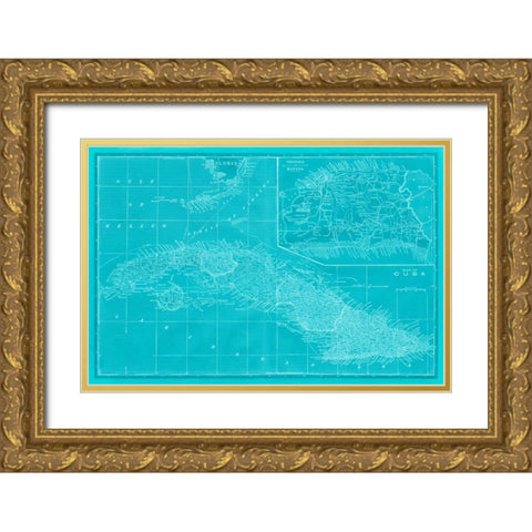 Map of Cuba in Aqua Gold Ornate Wood Framed Art Print with Double Matting by Vision Studio