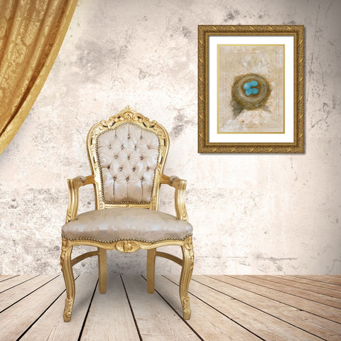 Nest - Robin Gold Ornate Wood Framed Art Print with Double Matting by Della-Piana, Elissa