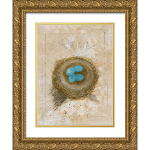 Nest - Robin Gold Ornate Wood Framed Art Print with Double Matting by Della-Piana, Elissa