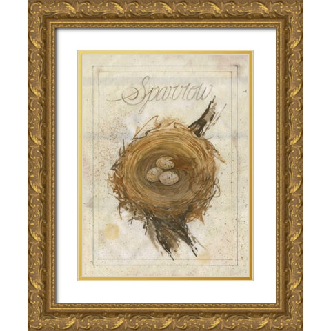 Nest - Sparrow Gold Ornate Wood Framed Art Print with Double Matting by Della-Piana, Elissa