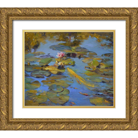 Koi and Lilies II Gold Ornate Wood Framed Art Print with Double Matting by Larivey, Chuck