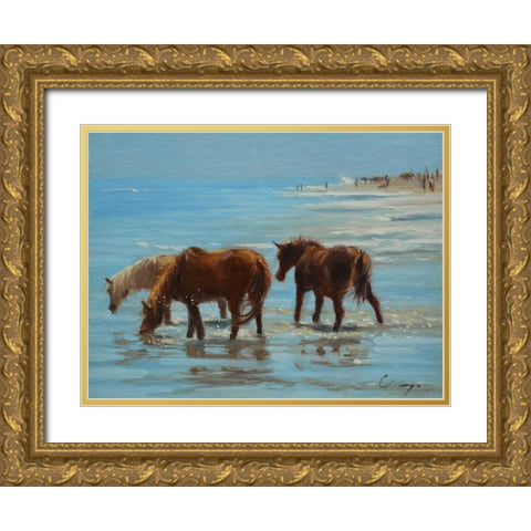 Chincoteague Ponies Gold Ornate Wood Framed Art Print with Double Matting by Larivey, Chuck