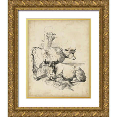 Pastoral Sketch III Gold Ornate Wood Framed Art Print with Double Matting by Unknown