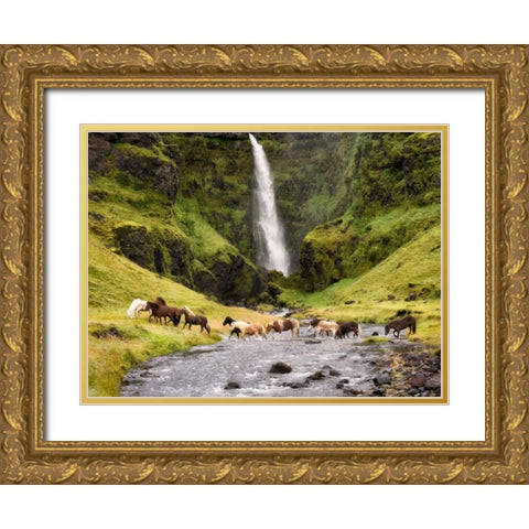 Waterfall Horses II Gold Ornate Wood Framed Art Print with Double Matting by Burchett, P.H.