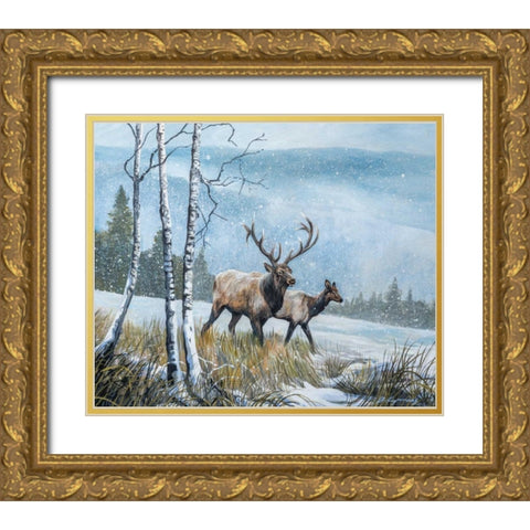 Elk Journey IV Gold Ornate Wood Framed Art Print with Double Matting by Lynnsy, B.