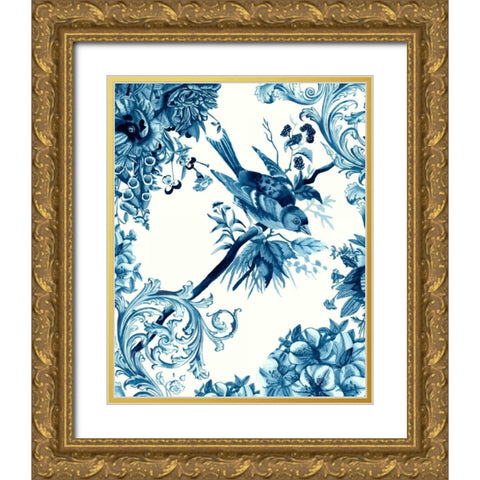 Bird and Branch in Indigo II Gold Ornate Wood Framed Art Print with Double Matting by McCavitt, Naomi