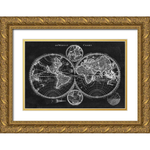Charcoal World Map Gold Ornate Wood Framed Art Print with Double Matting by Studio W