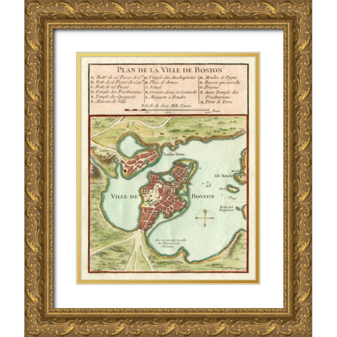 Petite Map of the City of Boston Gold Ornate Wood Framed Art Print with Double Matting by Unknown