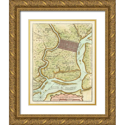 Petite Map of Philadelphia Gold Ornate Wood Framed Art Print with Double Matting by Unknown