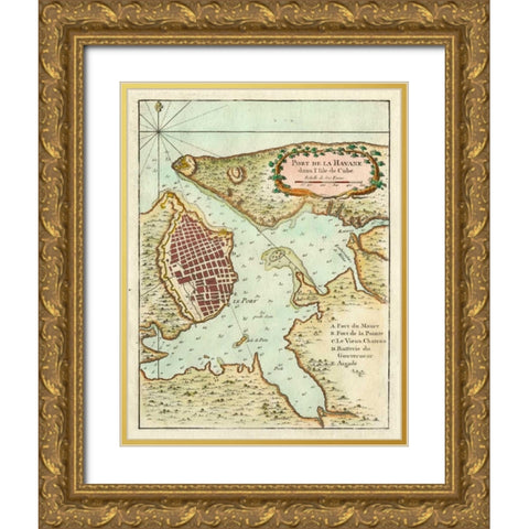 Petite Map of the Port of Havana Gold Ornate Wood Framed Art Print with Double Matting by Unknown