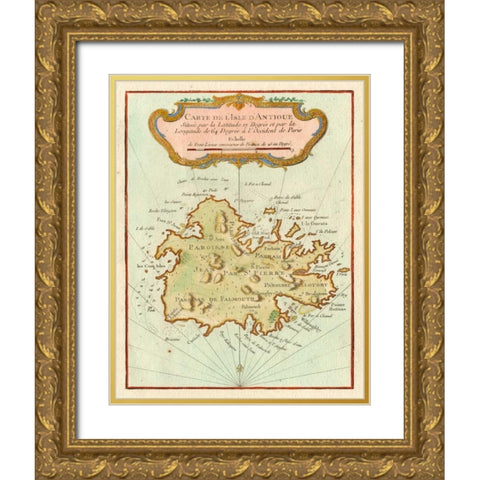 Petite Map of Island of Antigua Gold Ornate Wood Framed Art Print with Double Matting by Unknown