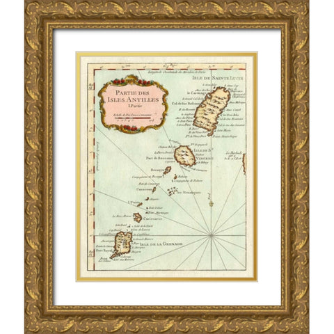 Petite Map of the Antilles Islands II Gold Ornate Wood Framed Art Print with Double Matting by Unknown