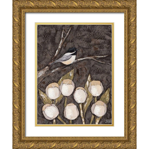 Chickadee and Tulips I Gold Ornate Wood Framed Art Print with Double Matting by Reynolds, Jade