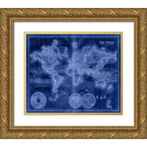 Indigo World Map Gold Ornate Wood Framed Art Print with Double Matting by Unknown