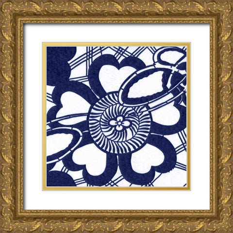 Indigo Floral Katagami II Gold Ornate Wood Framed Art Print with Double Matting by Vision Studio