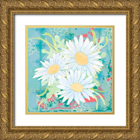 Daisy Patch Teal II Gold Ornate Wood Framed Art Print with Double Matting by Mark, Leslie