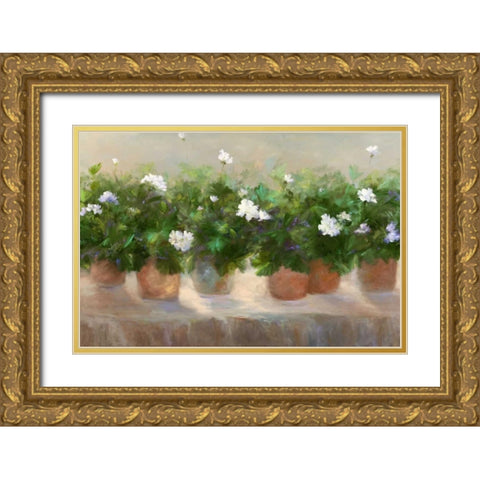 White Geraniums Gold Ornate Wood Framed Art Print with Double Matting by Finch, Sheila
