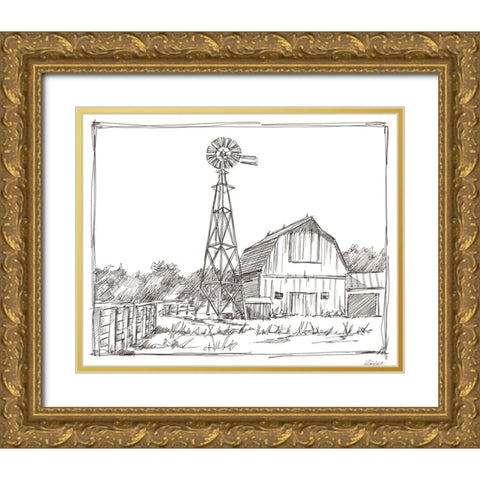 Farm Sketch II Gold Ornate Wood Framed Art Print with Double Matting by Harper, Ethan
