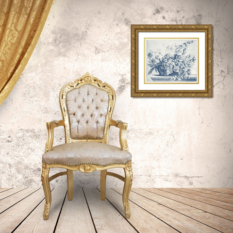 Navy Basket of Flowers II Gold Ornate Wood Framed Art Print with Double Matting by Baptiste, Glovanni