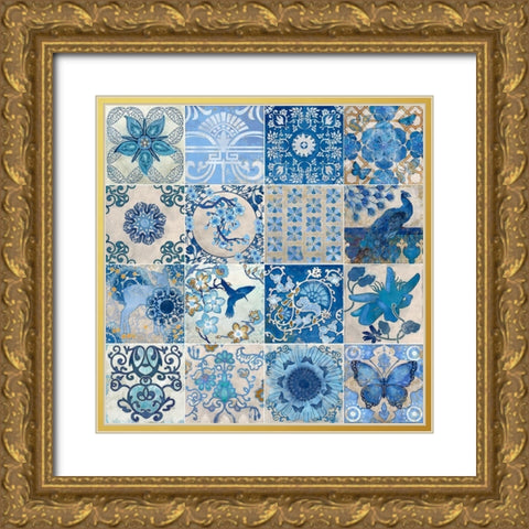 Blue and White Tiles Gold Ornate Wood Framed Art Print with Double Matting by Evelia Designs