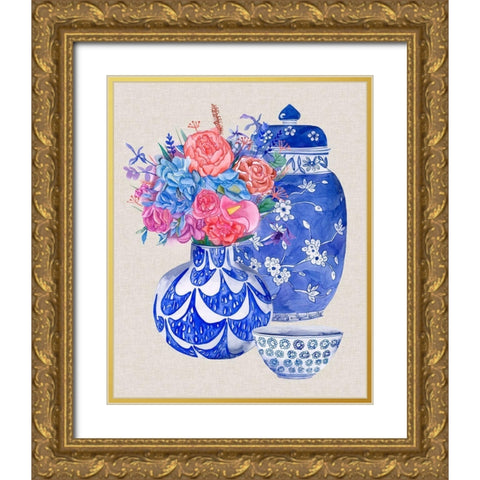 Delft Blue Vases I Gold Ornate Wood Framed Art Print with Double Matting by Wang, Melissa