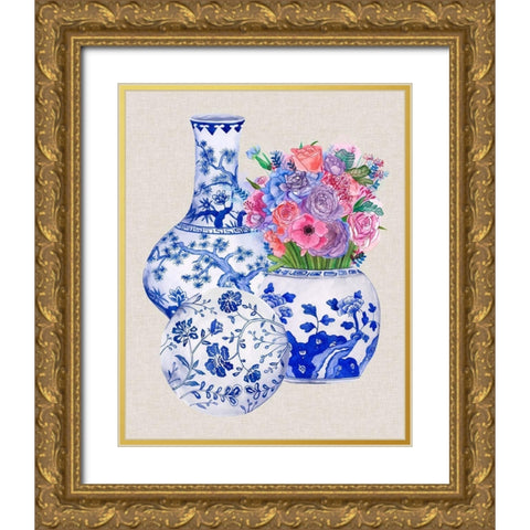 Delft Blue Vases II Gold Ornate Wood Framed Art Print with Double Matting by Wang, Melissa