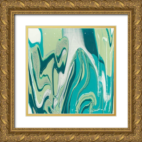 Flowing Teal III Gold Ornate Wood Framed Art Print with Double Matting by Studio W